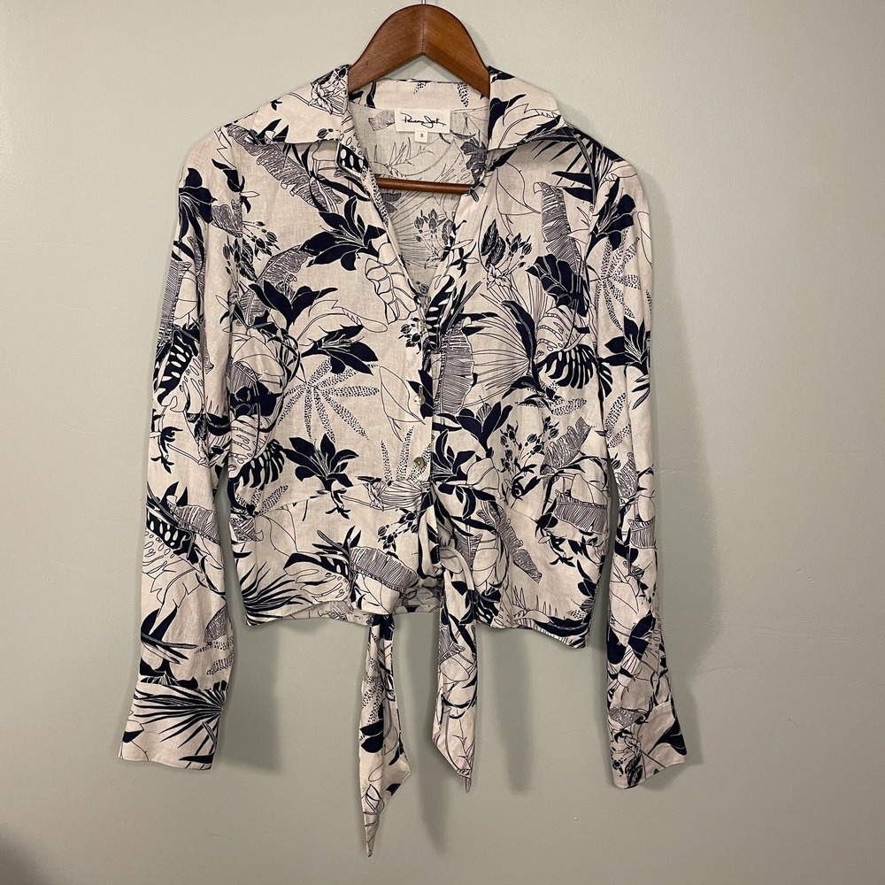 Panama Jack Tropical Blue Floral Print Tie-Front Blouse Linen Blend Cropped Sz S